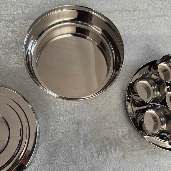 Vintage Stainless Steel Masala Spice Box Set w/ 7 Cups & Lid – Shiny WMF Style - Picture 2 of 13